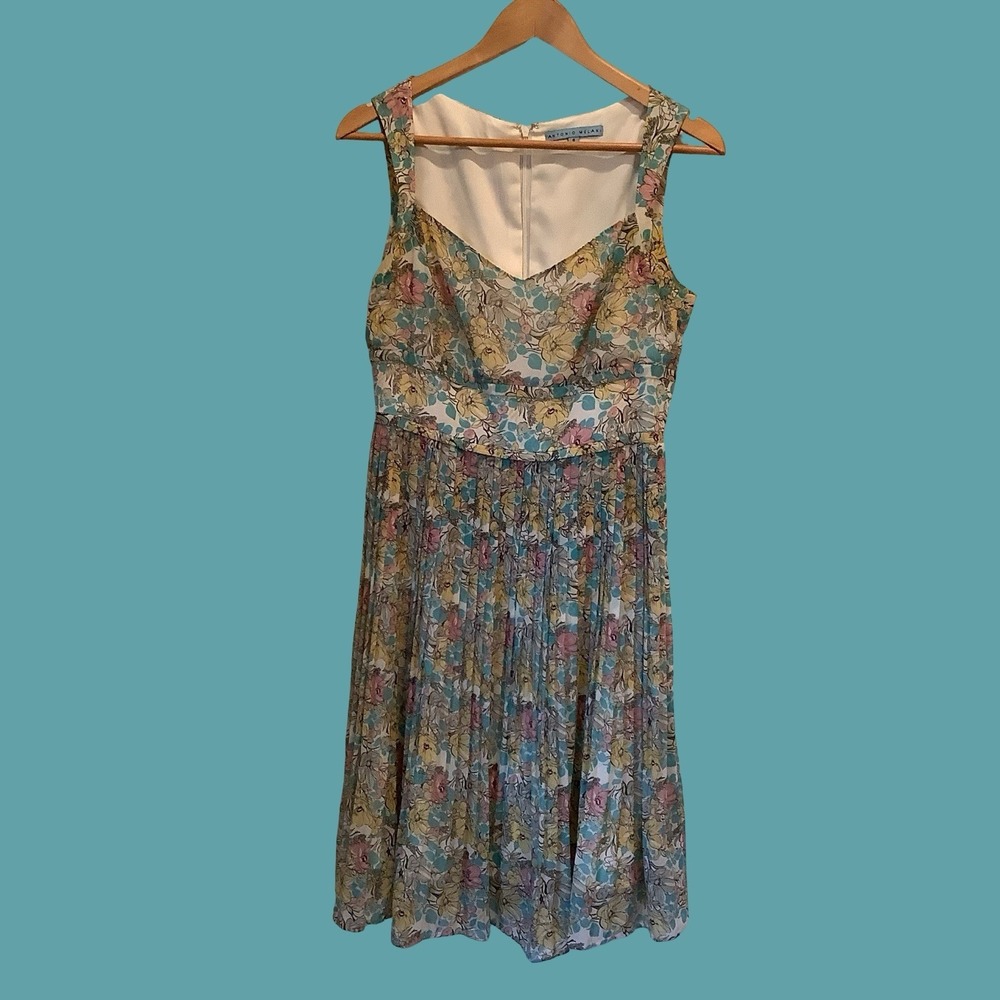 Antonio Melani Summer Floral Pleated Dress Romantic Whimsical Sheer Party Dress